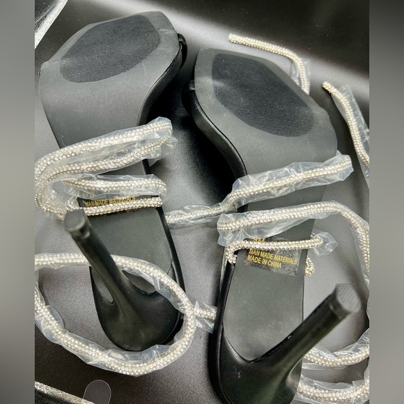NIB Fashion Nova Black Stiletto Heels w/ Square Toe & Crystal Embellished Straps - Picture 15 of 16